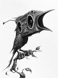 a drawing of a bird with speakers on it's head sitting on a branch