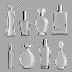 a set of glass bottles for perfumes on a transparent background