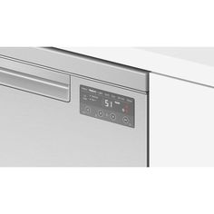 an appliance is shown with buttons on the front and side panel, in stainless steel