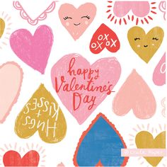 valentine's day greeting card with hand drawn hearts and other colorful designs on white paper