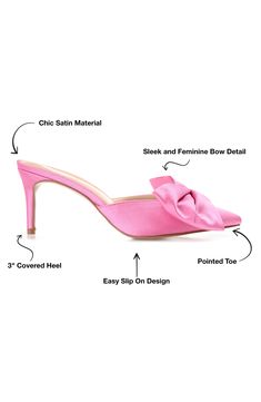 A floppy bow charms the pointed toe of a sophisticated mule set on a sensible mule. 3" heel Textile upper/synthetic lining and sole Imported Formal Slip-on Heels With Bow, Pink Pointed Toe Heels With Bow Straps, Pointed Toe Heels With Bow Straps For Events, Elegant Mules With Bow And Open Heel, Elegant Open Heel Mules With Bow, Pink Mules With 4-inch Heel For Party, Elegant Slip-on Mules With Bow, Elegant Bow Slip-on Mules, Elegant Evening Mules With Bow