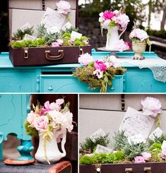 an old suitcase is decorated with flowers and greenery for a wedding ceremony or bridal party