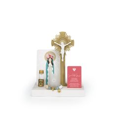 "This is a half-sized version of our original Everyday Prayer Space. It's design enables our custom-made Catholic items to be artistically placed together for contemplation in almost any space - especially a bedside table, a child's shelf, a dorm room, hospital room, hotel table or as a centerpiece on the coffee table! It is small, portable and interchangeable  - allowing for a fresh Prayer Space for years to come! Items included in Everyday Prayer Space: - 9\" Hardwood Base: White - Core Catholic Items: Crucifix, Rosary, Candle & holder, Holy Water Vial & holder - 5\"x7\" Mary's Crown of Flowers illustration - 2.5\"x4.25\" \"Come Holy Spirit\" prayer card Crucifix, holders (for candle and holy water) 3D printed using biodegradable polymer. Artwork printed on artist's quality card stock." Catholic Prayer Table, Corner Prayer Shelf, Altar Design Home Catholic, Come Holy Spirit Prayer, Christian Essentials, Spiritual Journaling, Come Holy Spirit, Holy Spirit Prayer, Crown Of Flowers