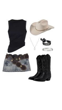 a woman's outfit with cowboy boots, hat and bandana