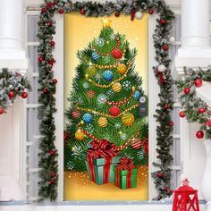 a decorated christmas tree with presents in front of a yellow door that has red and green decorations on it