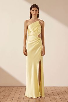 La Lune Asymmetrical Gathered Maxi Dress | Lemon | Dresses | Shona Joy – Shona Joy International Spring Gala Pre-draped Maxi Dress, Pre-draped Asymmetrical Neckline Ruched Maxi Dress, Asymmetrical Neckline Ruched Maxi Dress, Ruched Maxi Dress With Asymmetrical Neckline, Pre-draped Maxi Dress With Side Slits, Wedding Maxi Dress With Ruched Asymmetrical Neckline, Ruched Maxi Dress For Wedding With Asymmetrical Neckline, Asymmetrical Maxi Dress With Ruched Bodice For Gala, Ruched Maxi Dress With Asymmetrical Neckline For Wedding