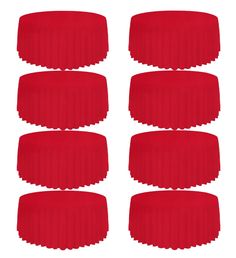 six red round tablecloths with pleated edges, set of four on white background