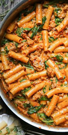 Creamy Sausage Rigatoni with Spinach, Garlic, and Tomato Cream Sauce. Tuscan Rigatoni, Creamy Sausage Rigatoni, Rigatoni Recipe, Sausage Rigatoni, Oven Meals, Tomato Cream Sauce, Resep Pasta, Italian Sausage Recipes