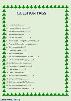 a question sheet with trees on it and the words'question tags'in green