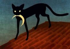 a black cat standing on top of a red hill with the moon in it's mouth