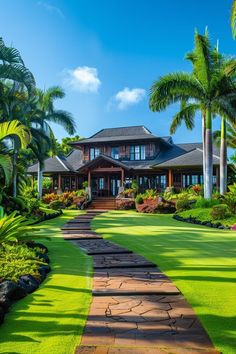 a large house surrounded by palm trees and lush green grass