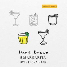 hand drawn margaritas and cocktail glasses are arranged in the shape of a circle on a white background