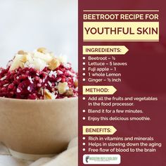 beetroot recipe for youthful skin in a wooden bowl with information about the ingredients