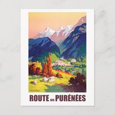 a poster advertising the route to france with mountains in the background and sheep grazing on grass