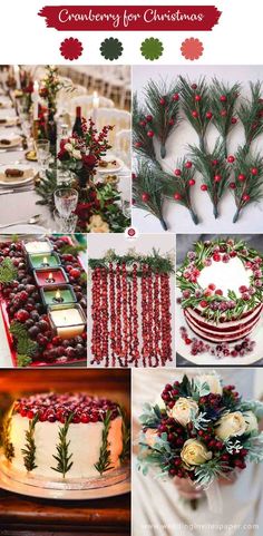 a collage of photos with christmas decorations and flowers on them, including pine cones, berries