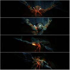 four different images of an alien creature in the dark with red and yellow lights on it