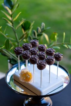 chocolate covered cake pops sitting on top of a plate