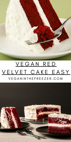 a slice of vegan red velvet cake with white frosting