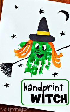 a handprinted halloween card with a witch on it