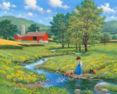 a painting of a boy and his dog by a stream in a field with yellow flowers