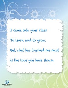 a blue and green christmas card with snowflakes in the background that says i came into your class to learn and to grow