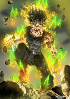 an anime character with green and yellow fire coming out of his chest, in front of rocks