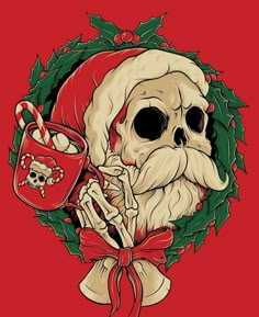 a skull wearing a santa hat and holding a cup