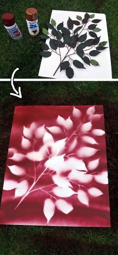 a red and white photo with leaves on it sitting in the middle of some grass