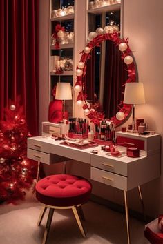 a dressing table with a mirror, stool and christmas decorations