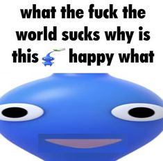 a blue object with eyes and the words what the f k the world sucks why is this happy what?