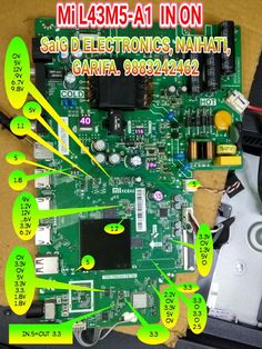 the motherboard is labeled in green and yellow