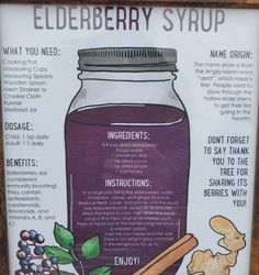 a sign describing elderberry syrup and its ingredients in a wooden frame with information about it