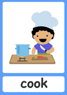 an image of a boy cooking food on the kitchen table with words in front of him