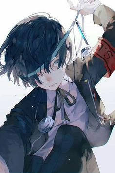 an anime character with black hair and glasses holding a pair of scissors in his hand