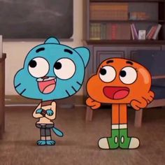 two cartoon characters standing next to each other in front of a blackboard and bookshelf