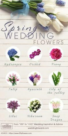 a poster with flowers on it and the words spring wedding flowers written in different languages