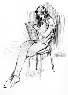 a black and white drawing of a person sitting in a chair