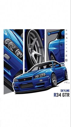 a blue sports car is shown in this poster