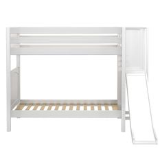 a white bunk bed with a slide on the bottom