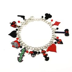 The perfect gift for any fan. This beautiful handmade bracelet Will fit up to a 9.5” wrist and as small as you need to fit since it closes with a lobster clasp. Do not get the bracelet wet or use hand sanitizer near the bracelet as that will strip the metal. Charms and chain are made of alloy metal, no nickel. Comes in a gift box. All sales final, no returns. We ship daily from Illinois. Metal Charms, Handmade Bracelet, Bracelets And Charms, Hand Sanitizer, Harley Quinn, Handmade Bracelets, Fashion Watches, Lobster Clasp, Illinois