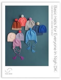 five knitted hats with tassels and pom - poms on them