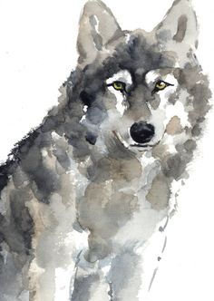 a watercolor painting of a wolf looking at the camera, with yellow eyes and black fur