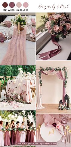 a collage of photos with pink and purple wedding colors, including roses, greenery,