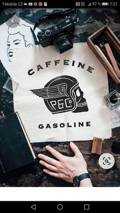 a person holding onto a bag with the word caffeine written on it next to other items