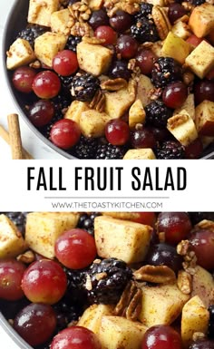 a bowl full of fruit and nuts with the words fall fruit salad above it on top