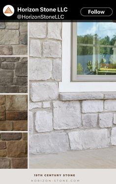 the front and side of a house with stone sidings, windows and window sill