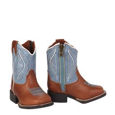 Style number: A441002508. Light blue leather shaft. Brown leather foot. Gold, blue, and white wing pattern stitching. Contrast white piping details. Square toe shape. Easy pull-on tabs. Side zip entry. Rubber outsole. Wing Pattern, White Wing, Corral Boots, White Wings, Western Boots, Blue Leather, Piping, Side Zip, Brown Leather