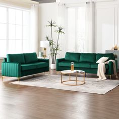 a living room filled with green couches and a white rug on top of a hard wood floor