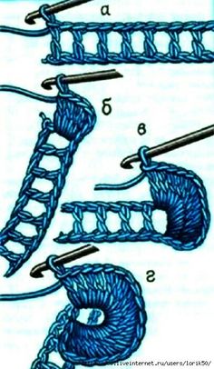 crochet stitches are shown in blue yarn