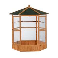 a wooden gazebo with netting on the top and bottom part, in front of a white background